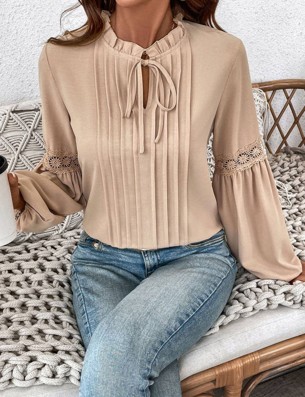 Khaki Lace-up V Neck Pleated Puff Sleeve Tops