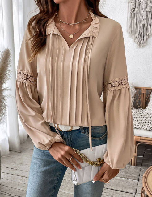 Khaki Lace-up V Neck Pleated Puff Sleeve Tops