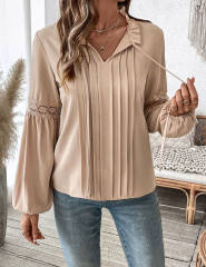 Khaki Lace-up V Neck Pleated Puff Sleeve Tops