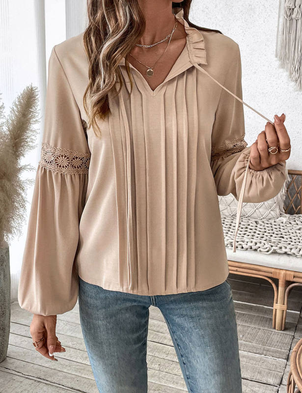 Khaki Lace-up V Neck Pleated Puff Sleeve Tops