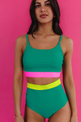 Sea Green Contrast Trim Colorblock Patchwork High Waisted Bikini