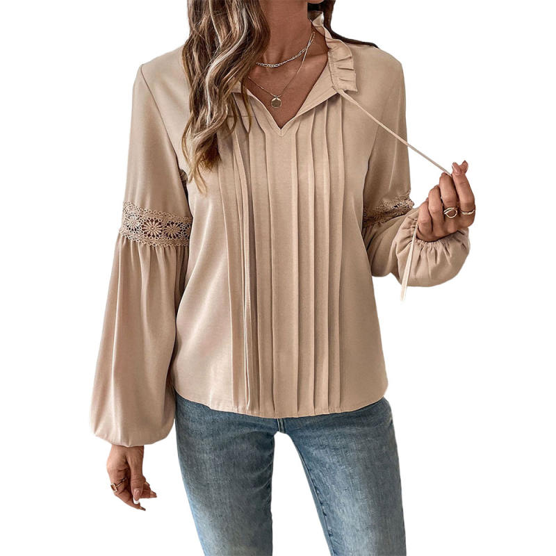 Khaki Lace-up V Neck Pleated Puff Sleeve Tops