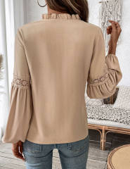 Khaki Lace-up V Neck Pleated Puff Sleeve Tops