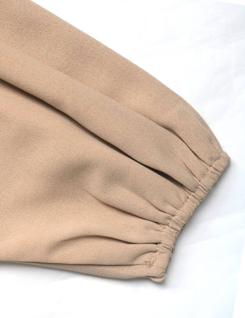 Khaki Lace-up V Neck Pleated Puff Sleeve Tops