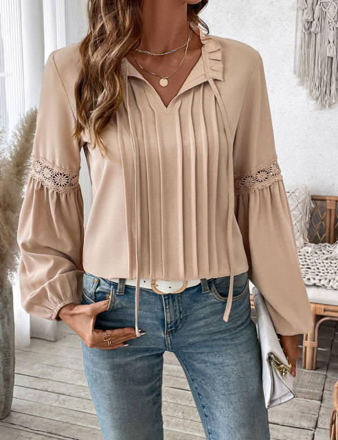 Khaki Lace-up V Neck Pleated Puff Sleeve Tops