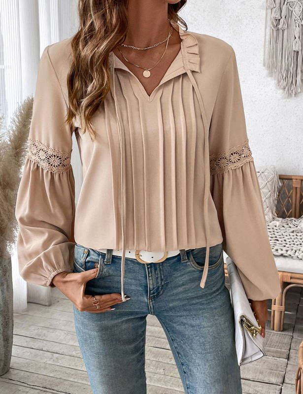 Khaki Lace-up V Neck Pleated Puff Sleeve Tops
