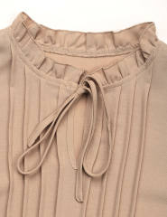 Khaki Lace-up V Neck Pleated Puff Sleeve Tops
