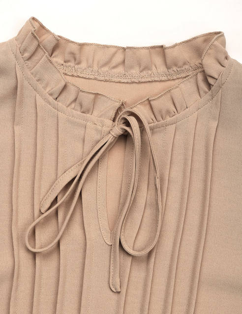 Khaki Lace-up V Neck Pleated Puff Sleeve Tops