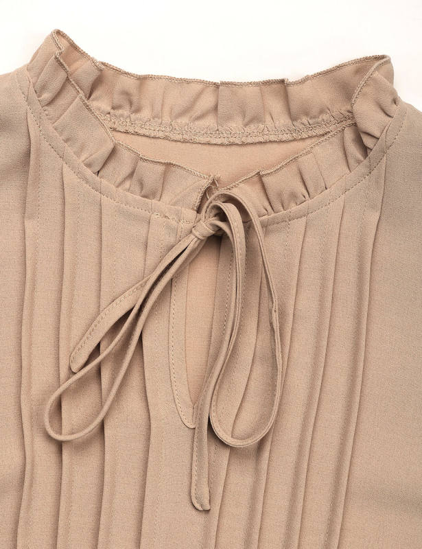 Khaki Lace-up V Neck Pleated Puff Sleeve Tops