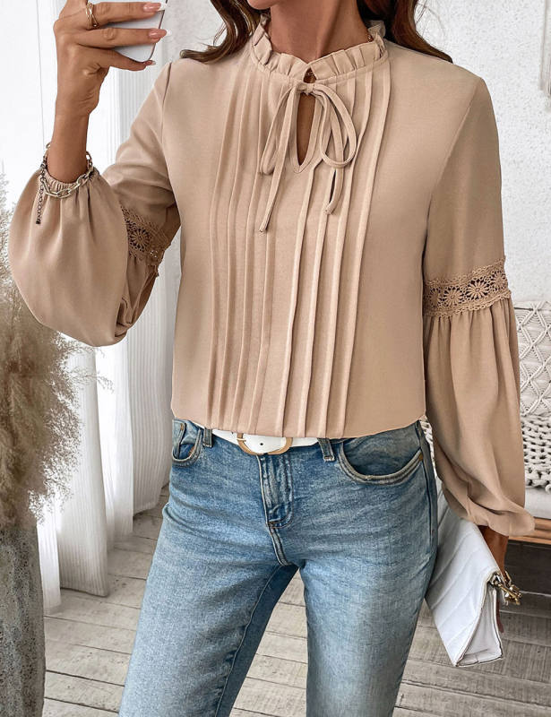 Khaki Lace-up V Neck Pleated Puff Sleeve Tops