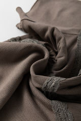 Dark Brown Lace Splicing Criss Cross Slim Fit V Neck T Shirt