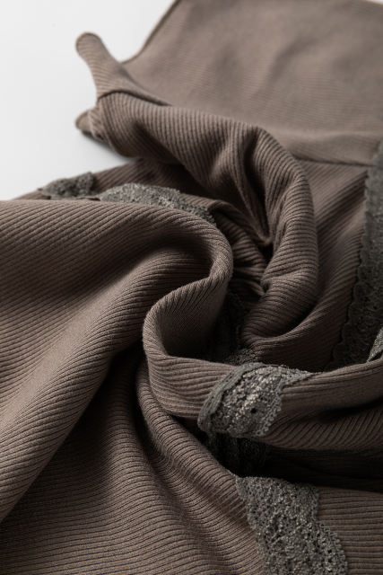 Dark Brown Lace Splicing Criss Cross Slim Fit V Neck T Shirt