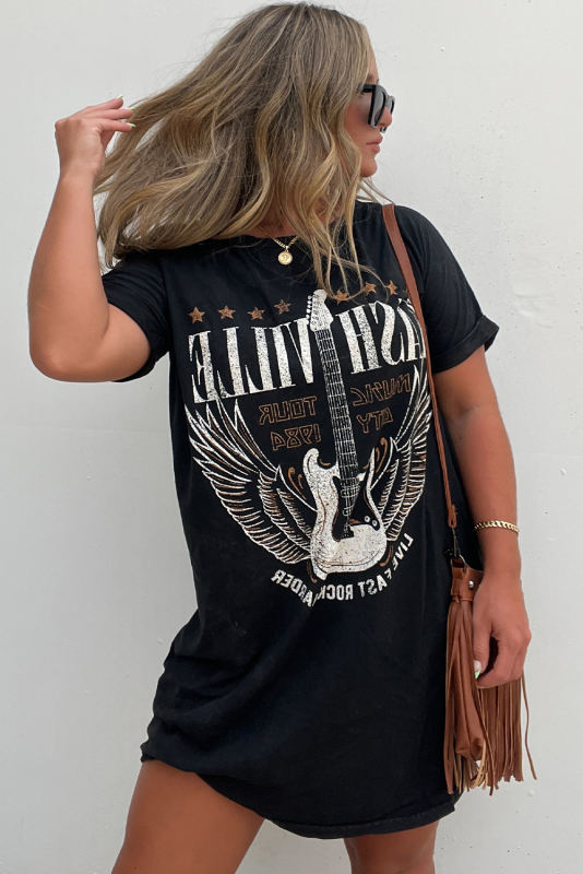 Black Nashville Guitar Print Crew Neck T Shirt Mini Dress