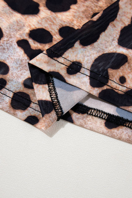 Brown Leopard Round Neck Long Sleeve Slim Top