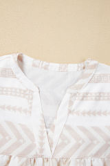 Jet Stream Geometric Jacquard Split V Neck Short Sleeve Blouse