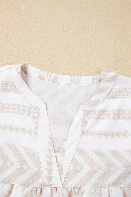 Jet Stream Geometric Jacquard Split V Neck Short Sleeve Blouse