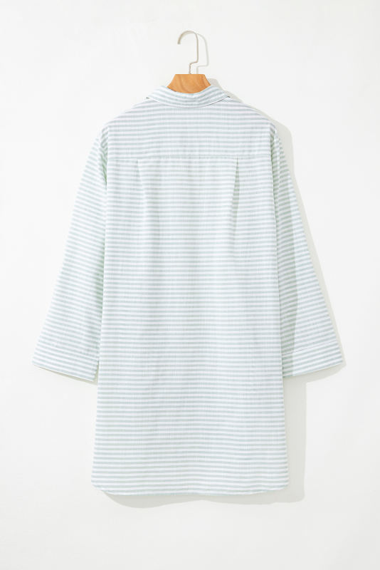 White Stripe Collared V Neck Chest Pocket Long Sleeve Beach Cover up