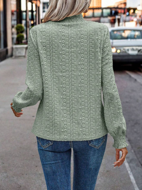 Pea Green Mock Neck Jacquard Pleated Long Sleeve Tops