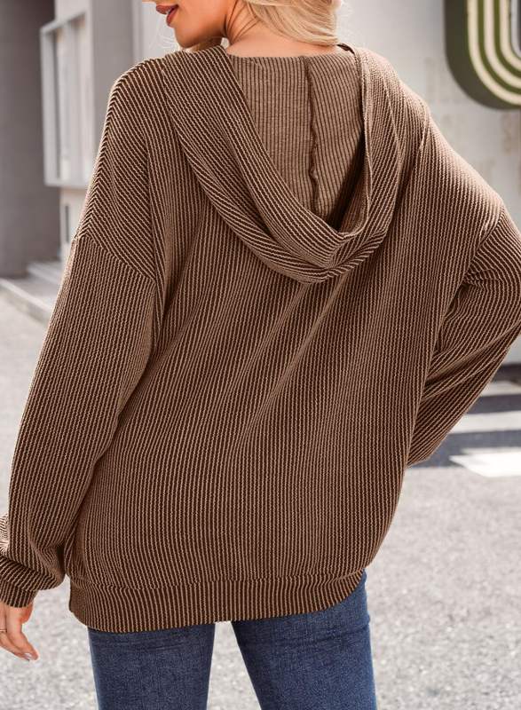 Coffee Textured Loose Fit Kangroo Pocket Hoodie