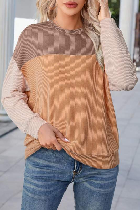 Khaki Color Block Ribbed Loose Fit Long Sleeve Pullover Top