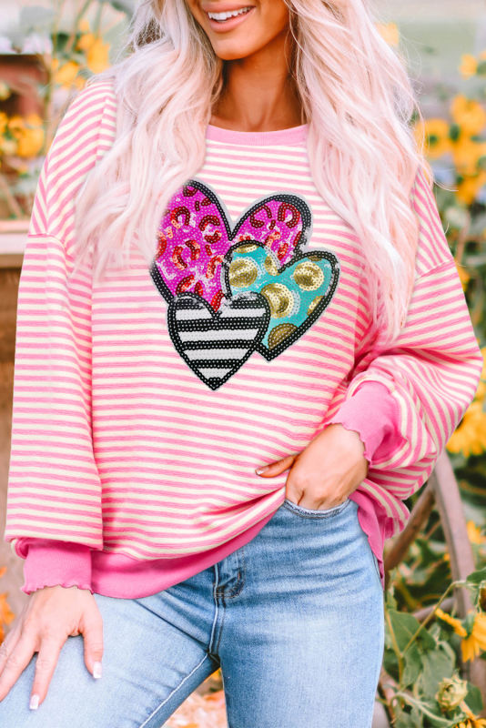 Pink Stripe Leopard Heart Patched Graphic Drop Shoulder Long Sleeve Top