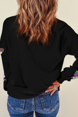 Black Sequin Mardi Gras Bow Graphic Drop Shoulder Pullover Sweatshirt