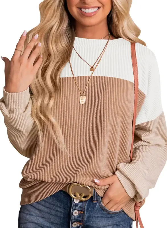 White Khaki Color Block Ribbed Loose Fit Long Sleeve Pullover Top
