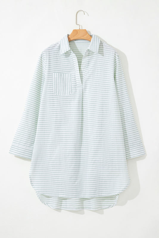 White Stripe Collared V Neck Chest Pocket Long Sleeve Beach Cover up
