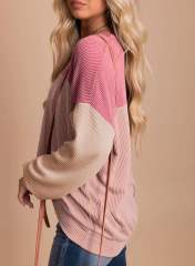 Pink Color Block Ribbed Loose Fit Long Sleeve Pullover Top