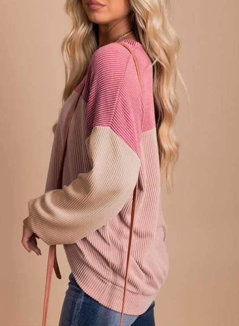 Pink Color Block Ribbed Loose Fit Long Sleeve Pullover Top