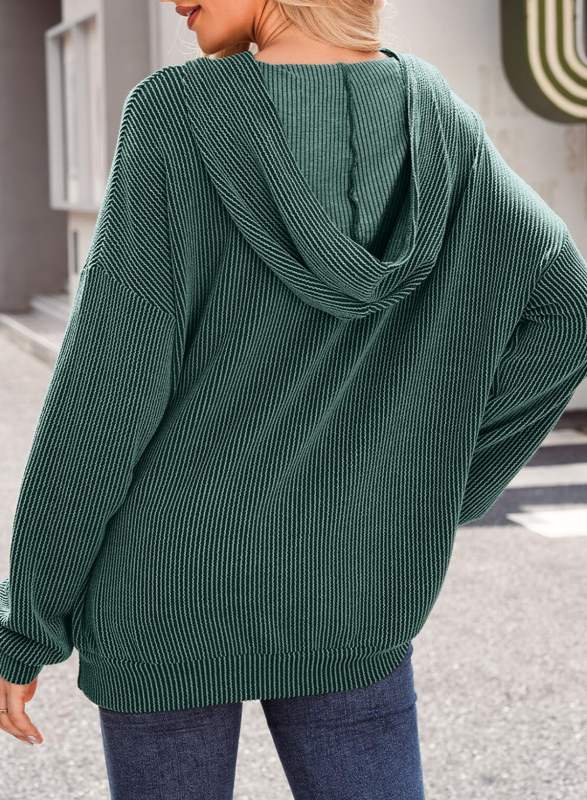 Dark Green Textured Loose Fit Kangroo Pocket Hoodie