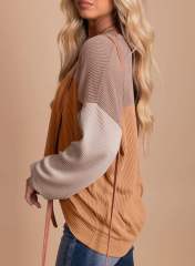 Khaki Color Block Ribbed Loose Fit Long Sleeve Pullover Top