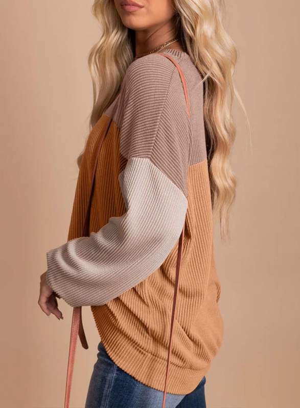 Khaki Color Block Ribbed Loose Fit Long Sleeve Pullover Top