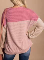 Pink Color Block Ribbed Loose Fit Long Sleeve Pullover Top