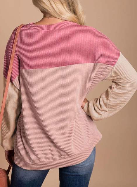 Pink Color Block Ribbed Loose Fit Long Sleeve Pullover Top