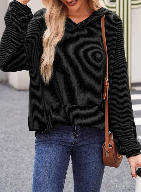 Black Textured Loose Fit Kangroo Pocket Hoodie