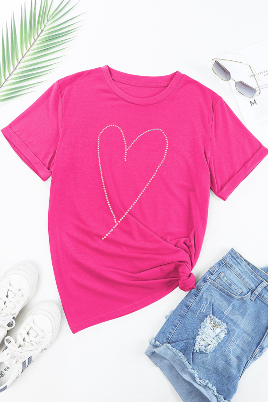 Rose Red Rhinestone Heart Graphic Crew Neck Valentines Tee