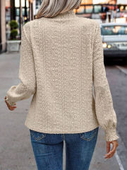 Apricot Mock Neck Jacquard Pleated Long Sleeve Tops