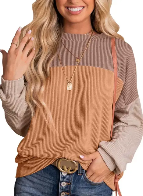 Khaki Color Block Ribbed Loose Fit Long Sleeve Pullover Top
