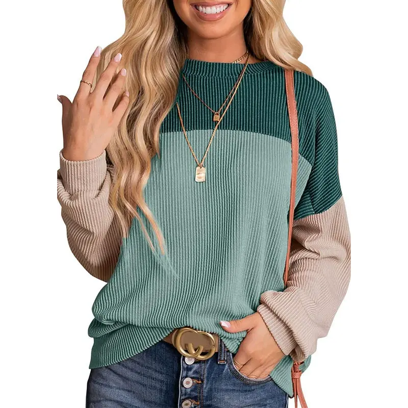 Green Color Block Ribbed Loose Fit Long Sleeve Pullover Top