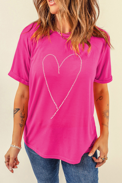 Rose Red Rhinestone Heart Graphic Crew Neck Valentines Tee