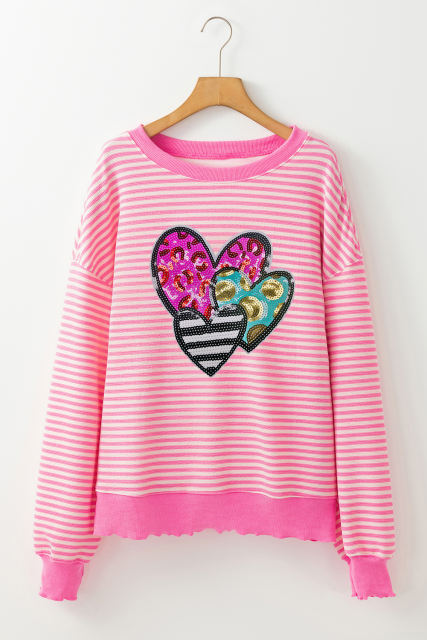 Pink Stripe Leopard Heart Patched Graphic Drop Shoulder Long Sleeve Top