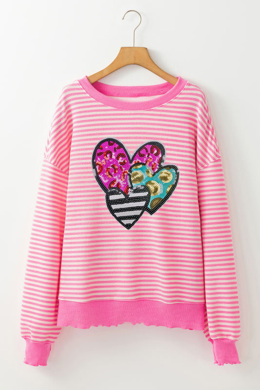 Pink Stripe Leopard Heart Patched Graphic Drop Shoulder Long Sleeve Top