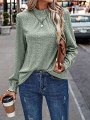 Pea Green Mock Neck Jacquard Pleated Long Sleeve Tops