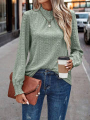 Pea Green Mock Neck Jacquard Pleated Long Sleeve Tops