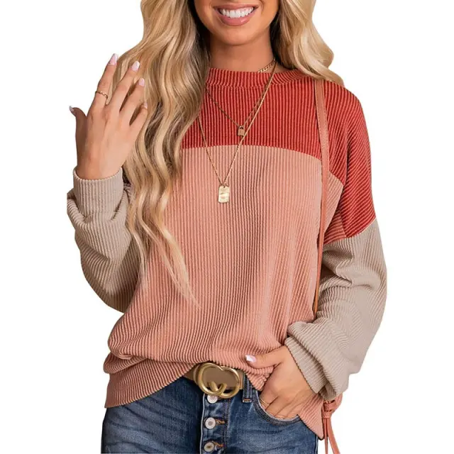 Green Color Block Ribbed Loose Fit Long Sleeve Pullover Top