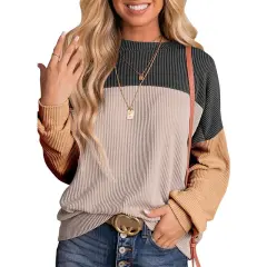 Black Color Block Ribbed Loose Fit Long Sleeve Pullover Top