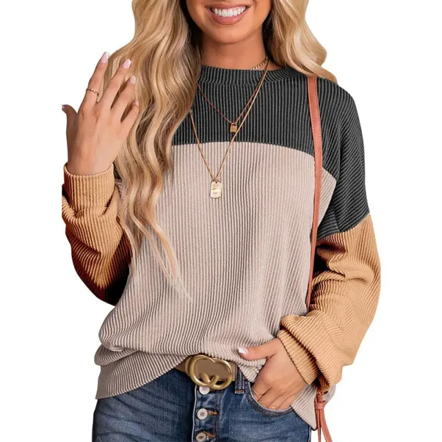 Black Color Block Ribbed Loose Fit Long Sleeve Pullover Top