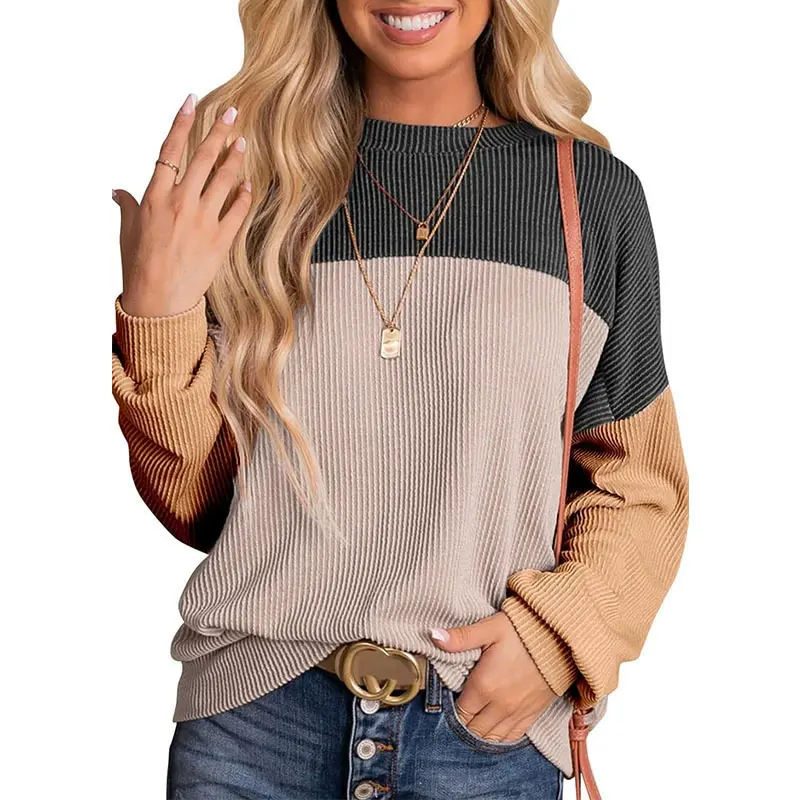 Black Color Block Ribbed Loose Fit Long Sleeve Pullover Top
