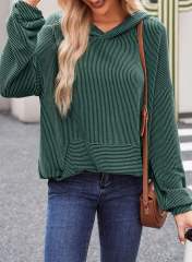 Dark Green Textured Loose Fit Kangroo Pocket Hoodie